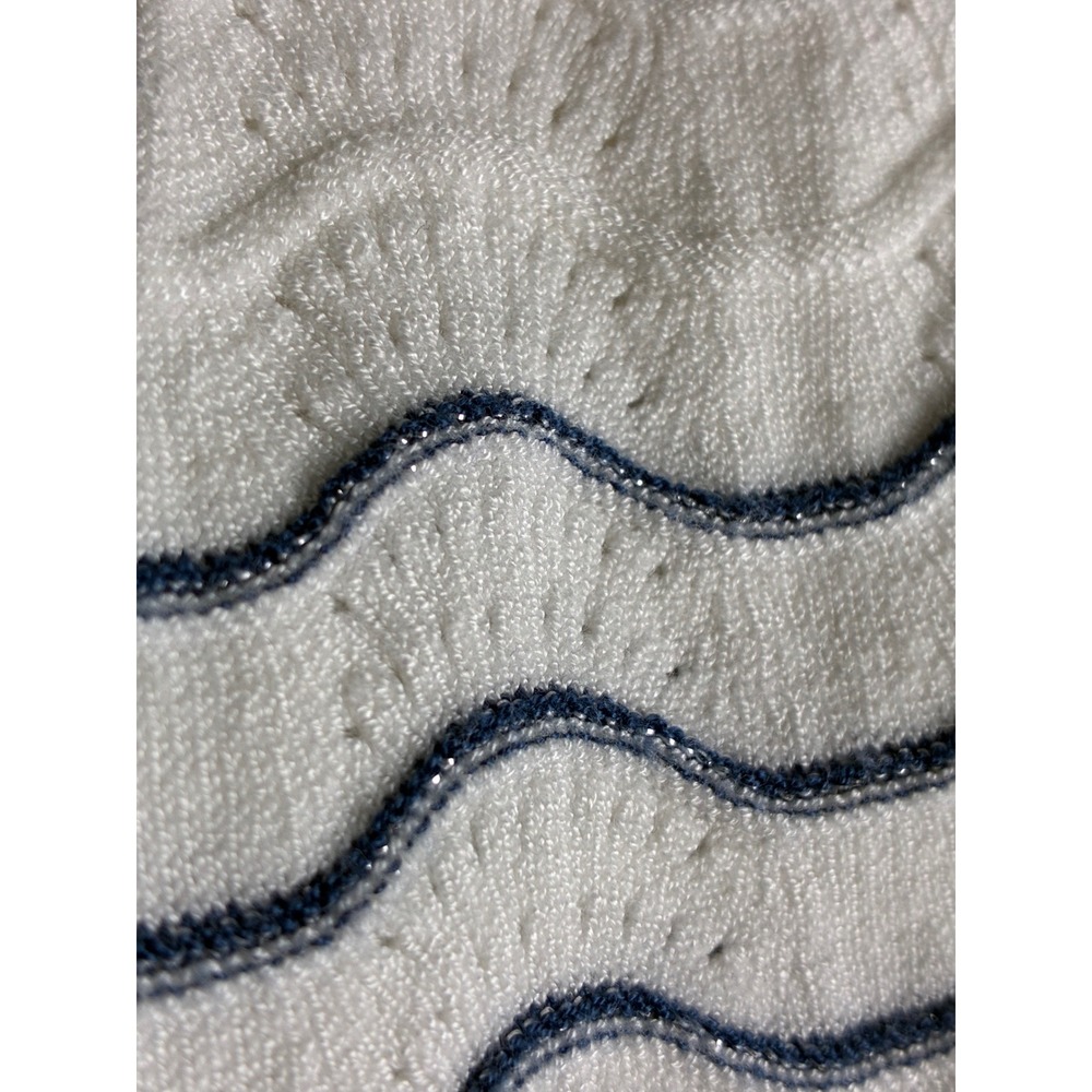 Chico's Open Front Knit Cardigan White Blue Wave Stripe Shimmer 3/4 Sleeve 2 - Picture 7 of 10